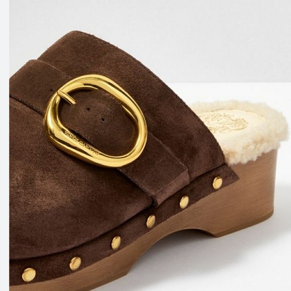 Vince Camuto Canzenee Sherpa Women  7.5 Brown Suede Wooden Wedge Heel Clog Shoes - Picture 2 of 16